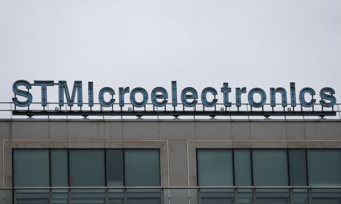 The sign posting on the STMicroelectronics headquarters in Paris on Oct. 9, 2017. (Eric Piermont/AFP via Getty Images)