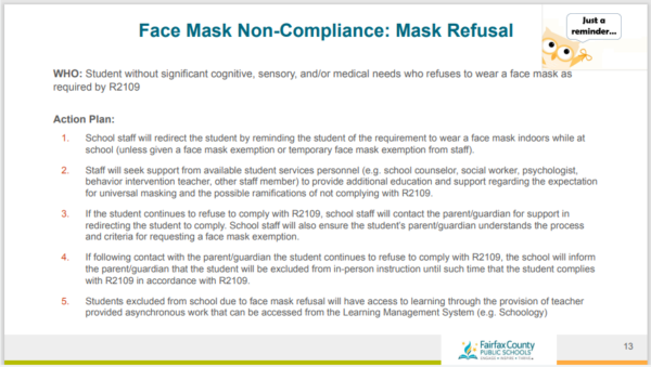Screenshot of Slide 13 from Principal Briefing issued by Fairfax County Public Schools Superintendent Scott Brabrand January 21, advising administrators of the "action plan" for "Face Mask Non-Compliance."