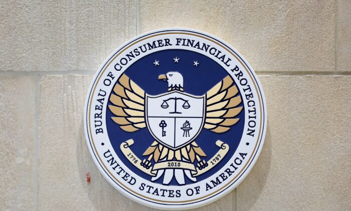 The seal of the Consumer Financial Protection Bureau (CFPB) is seen at their headquarters in Washington on May 14, 2021. (Andrew Kelly/Reuters)