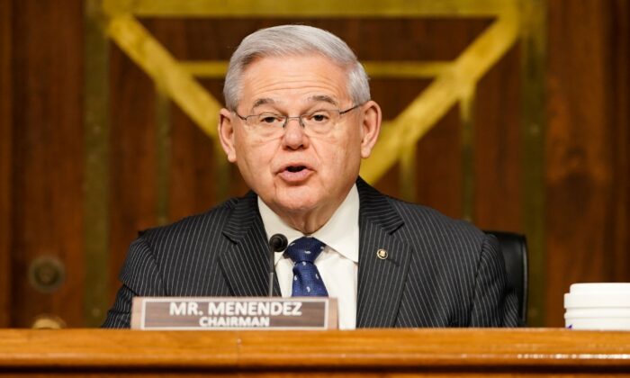 Sen. Bob Menendez (D-N.J.) gives an opening statement on Capitol Hill in Washington on March 23, 2021. (Greg Nash/Pool/Getty Images)