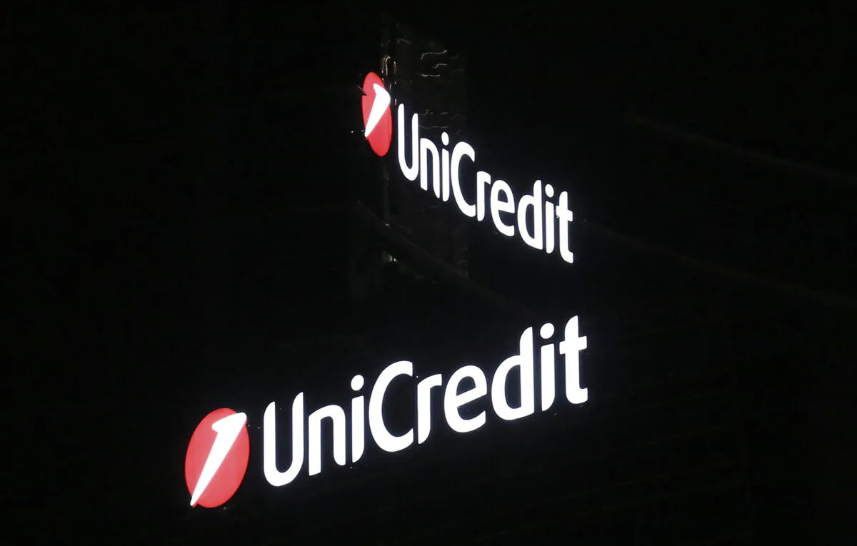 A logo of UniCredit is seen in downtown Milan, Italy, on Aug. 18, 2014. (Stefano Rellandini/Reuters)