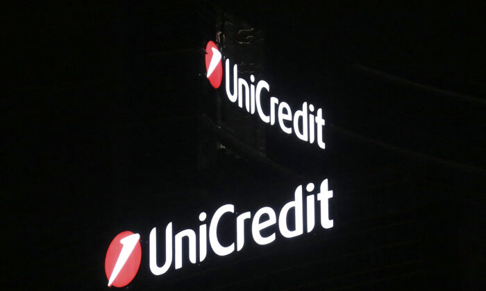 A logo of UniCredit is seen in downtown Milan, Italy, on Aug. 18, 2014. (Stefano Rellandini/Reuters)