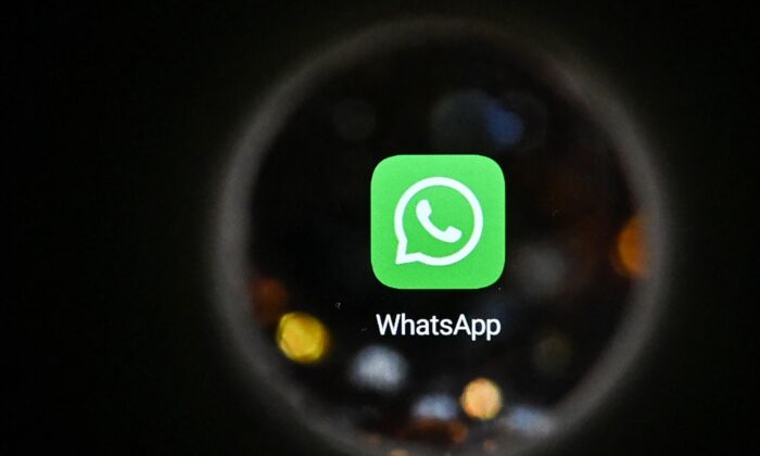 The instant messaging software Whatsapp logo on a smartphone screen in Moscow, on Oct. 5, 2021. (Kirill Kudryavtsev/AFP via Getty Images)