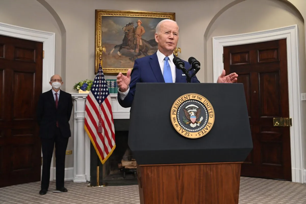 President Joe Biden, with retiring US Supreme Court Justice Stephen Breyer, speaks in the Roosevelt Room of the White House in Washington on Jan. 27, 2022. (Saul Loeb/AFP via Getty Images)