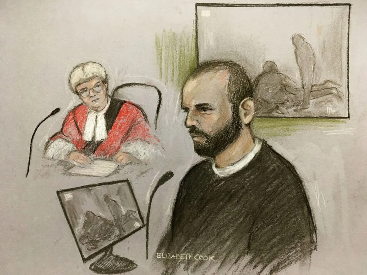 An artist's sketch of Nathan Smith during a manslaughter trial at Bristol Crown Court which found him not guilty on Jan. 26, 2022. (Elizabeth Cook/PA)