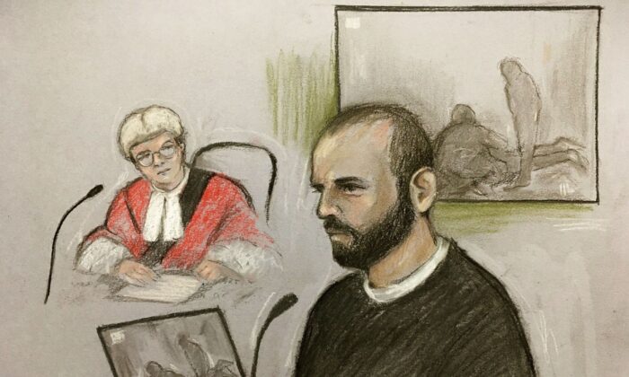 An artist's sketch of Nathan Smith during a manslaughter trial at Bristol Crown Court which found him not guilty on Jan. 26, 2022. (Elizabeth Cook/PA)