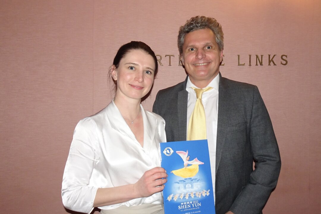 Dr. Martin Gollner and his wife, Julia Edtmayr, at Großes Festspielhaus in Salzburg, Austria on Jan. 25, 2022. (Yu Ping/The Epoch Times)