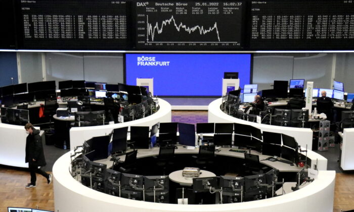 The German share price index DAX graph is pictured at the stock exchange in Frankfurt, Germany, on Jan. 25, 2022. (Reuters/Staff)