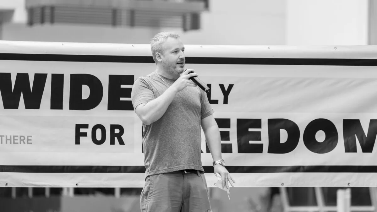 Jed Hansen, Vice-President of the NT Country Liberal Party speaks at a freedom rally in Darwin, Australia on Saturday, Jan.22, 2022 (Photo by Mickey T Photography)