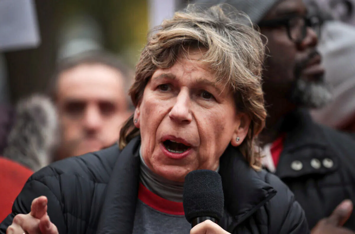 American Federation of Teachers president Randi Weingarten visits with striking Chicago teachers at Oscar DePriest Elementary School in Chicago, on Oct. 22, 2019. (Scott Olson/Getty Images)