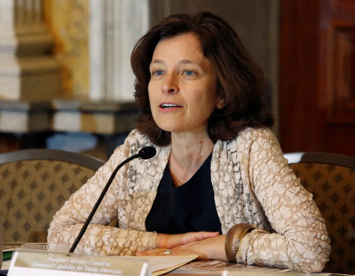 Sarah Bloom Raskin, in her former role as deputy Treasury secretary, participates in a meeting of the President's Advisory Council on Financial Capability for Young Americans, in Washington, on Oct. 2, 2014. (Reuters/Yuri Gripas/File Photo)