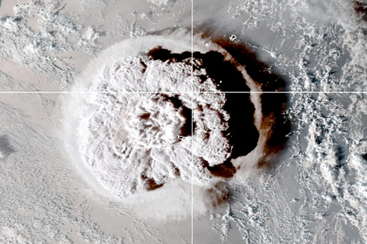 The eruption of underwater volcano Tonga, triggered a tsunami warning for several South Pacific island nations, and is seen in an image from the NOAA GOES-West satellite taken at 05:00 GMT, on Jan. 15, 2022. (CIRA/NOAA/Reuters)