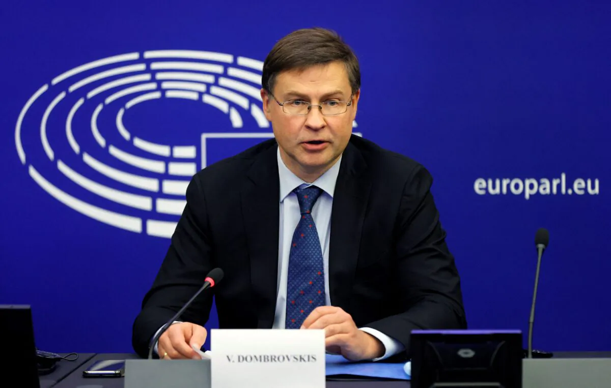European Commission Executive Vice-President Valdis Dombrovskis talks at a press conference in Strasbourg, eastern France, on Oct. 19, 2021. (Ronald Wittek/Pool/AFP via Getty Images)