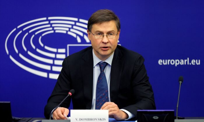 European Commission Executive Vice-President Valdis Dombrovskis talks at a press conference in Strasbourg, eastern France, on Oct. 19, 2021. (Ronald Wittek/Pool/AFP via Getty Images)
