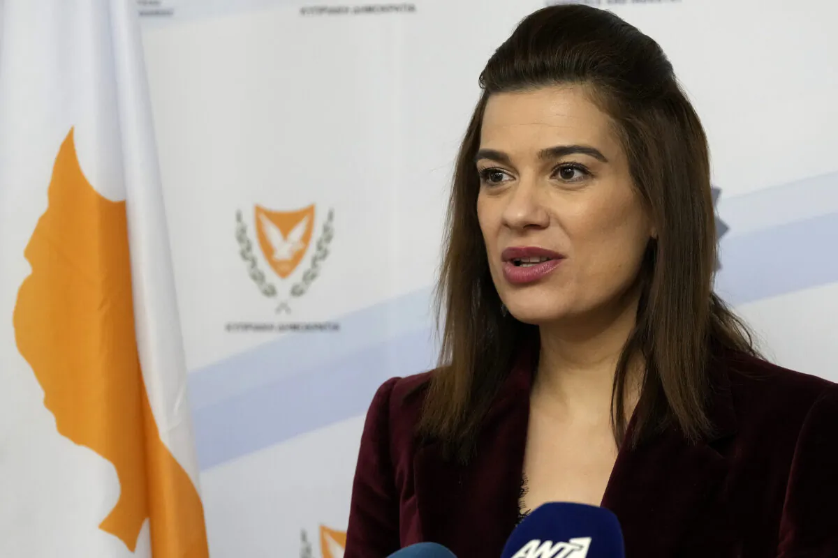 Cypriot Energy Minister Natasa Pilides talks to the media during a press conference at the Energy ministry in Nicosia, Cyprus, on Jan. 27, 2022. (Petros Karadjias/AP Photo)