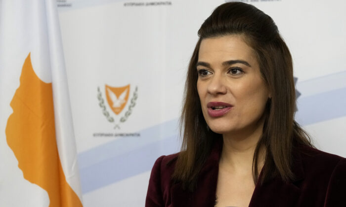 Cypriot Energy Minister Natasa Pilides talks to the media during a press conference at the Energy ministry in Nicosia, Cyprus, on Jan. 27, 2022. (Petros Karadjias/AP Photo)