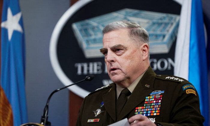 General Mark Milley, chairman of the U.S. Joint Chiefs of Staff, answers questions from reporters about Russia and the crisis in the Ukraine during a news conference at the Pentagon in Washington on Jan. 28, 2022. (Joshua Roberts/Reuters)