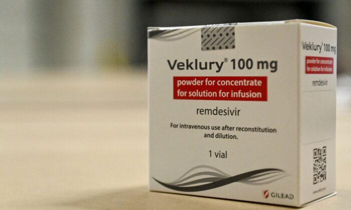 A box of Veklury, also known as remdesivir, sits on a counter in a file image. (Dirk Waem/Belga/AFP via Getty Images)