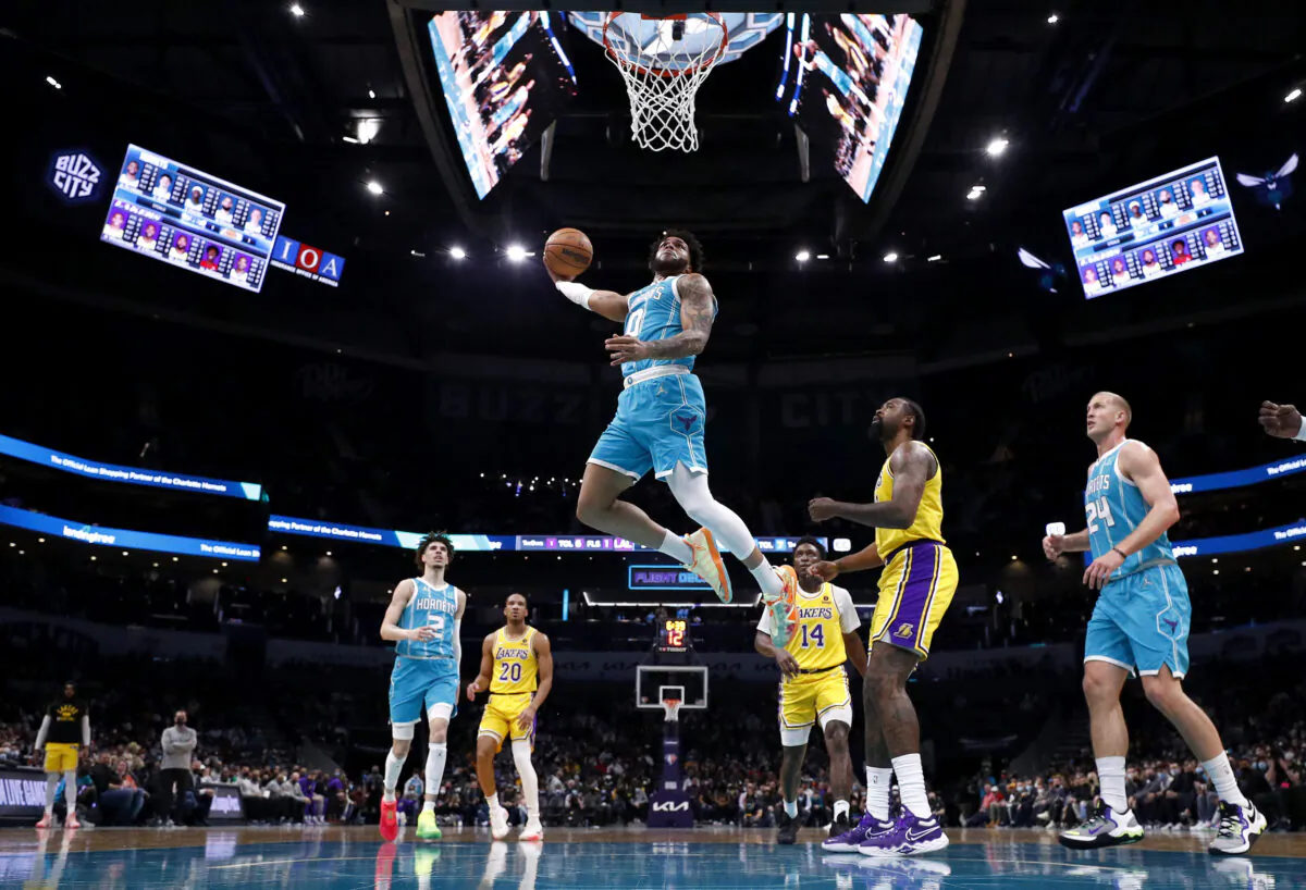 Miles Bridges #0 of the Charlotte Hornets dunks the ball during the first half of the game against the Los Angeles Lakers at Spectrum Center, in Charlotte, on Jan. 28, 2022. (Jared C. Tilton/Getty Images)