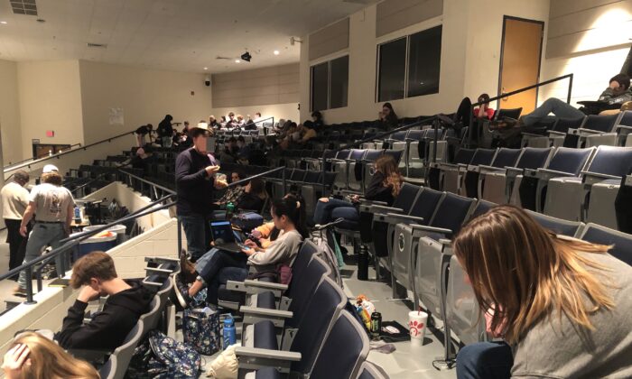 Unmasked students were kept in the auditorium at Woodgrove High School in Purcellville, Va., on Jan. 24, 2022. (Courtesy of Erin Dunbar)