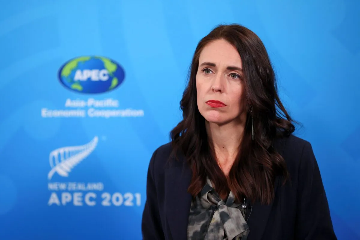 Prime Minister Jacinda Ardern looks on during a press conference for the APEC Informal Leaders' Retreat at the Majestic Centre in Wellington, New Zealand, on July 16, 2021. (Hagen Hopkins/Getty Images)