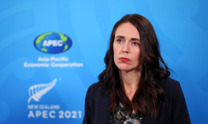 Prime Minister Jacinda Ardern is watching at a press conference at the APEC Informal Leaders Retreat held at the Majestic Center in Wellington, New Zealand on July 16, 2021.  (Hagen Hopkins / Getty Images)