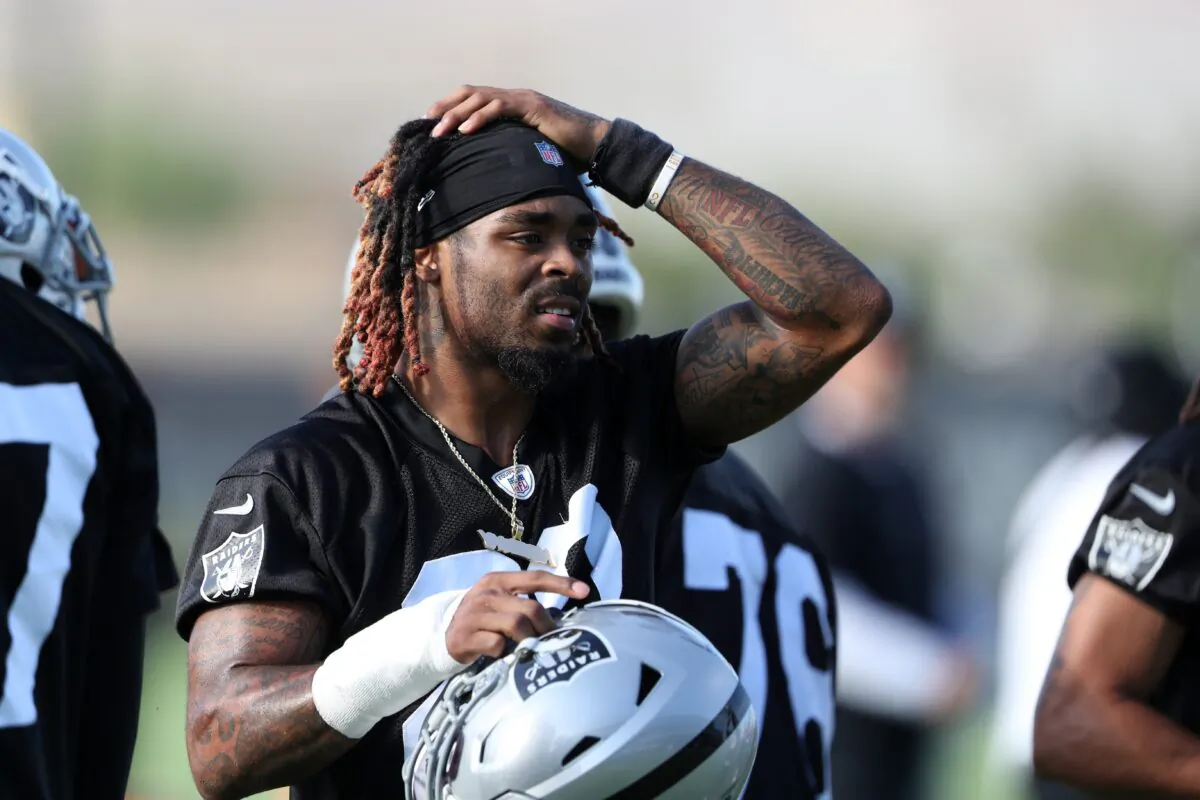 Damon Arnette #20 of the Las Vegas Raiders is shown during training camp at the Las Vegas Raiders Headquarters/Intermountain Healthcare Performance Center, in Henderson, Nev., on July 28, 2021. (Steve Marcus/Getty Images)
