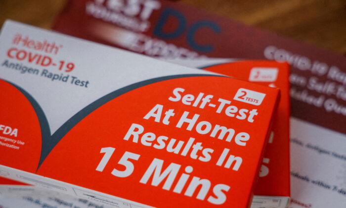 Take-home COVID-19 self testing kits provided by the District of Columbia government, which provides city residents four free take home tests per day, are seen in this illustration taken on Jan. 11, 2022. (Evelyn Hockstein/Reuters)