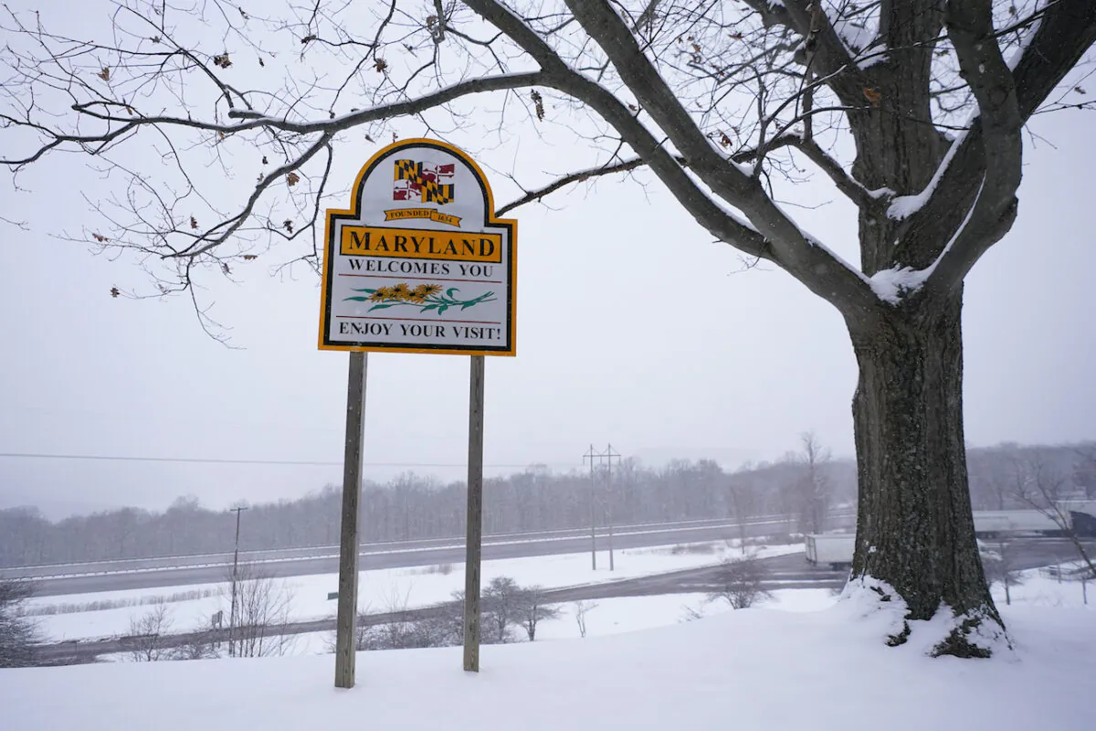 Snow covers the Youghiogheny Overlook Welcome Center along Interstate-68 near Maryland’s west border with West Virginia, in Friendsville, Md., on Jan. 28, 2022. (Julio Cortez/AP Photo)