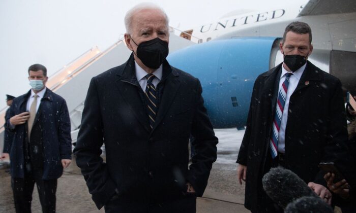 President Joe Biden speaks to the press about the situation in Ukraine, after arriving on Air Force One at Joint Base Andrews in Maryland, on Jan. 28, 2022. (Saul Loeb/AFP via Getty Images)