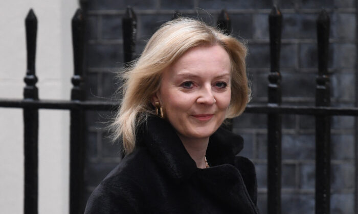 Britain's Foreign Secretary Liz Truss arrives for a Cabinet meeting at Number 10 Downing Street in London, on Jan. 25, 2022. (Daniel Leal/AFP via Getty Images)
