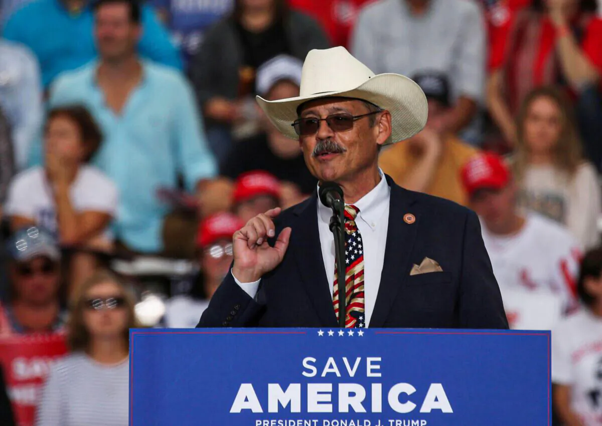 Arizona state Rep. Mark Finchem speaks at a rally in Iowa State Fairgrounds, in Des Moines, Iowa, on Oct. 9, 2021. (Rachel Mummey/Reuters)