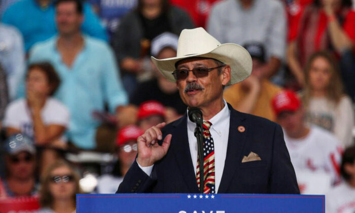 Arizona state Rep. Mark Finchem speaks at a rally at the Iowa State Fairgrounds in Des Moines, Iowa, on Oct. 9, 2021. (Rachel Mummey/Reuters)