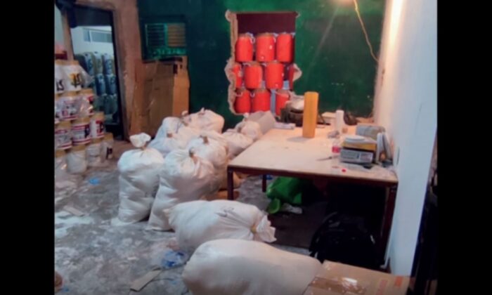 Bags and materials used to produce methamphetamine on January 27, 2022 in the northwestern part of Sinaloa, a town near Culiacan, the capital of Mexico.  (Screenshot via AP / Epoch Times)