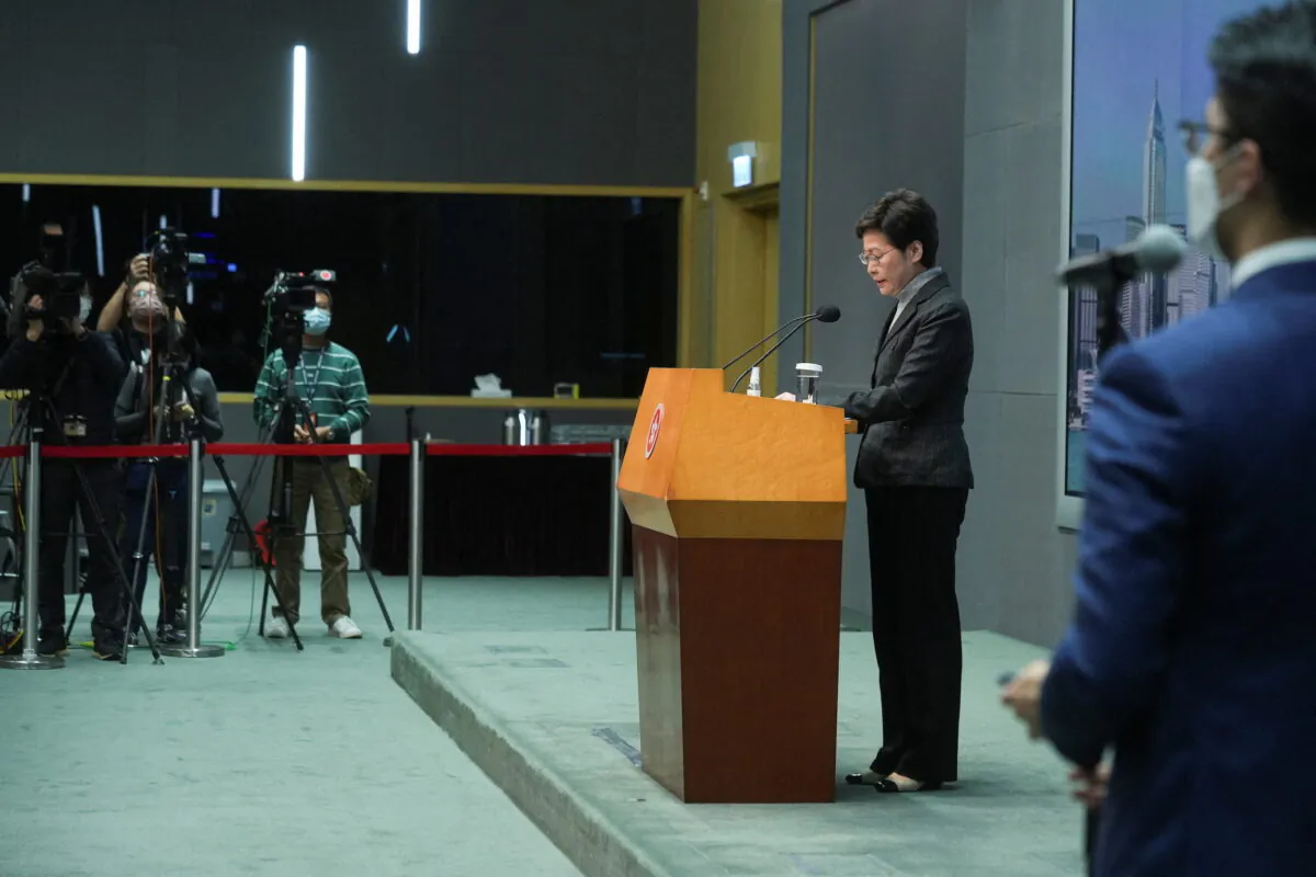 Hong Kong Chief Executive Carrie Lam attends a news conference in Hong Kong, on Jan. 31, 2022. (Lam Yik/Reuters)