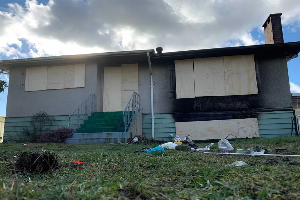The burnt house is shown on Jan. 31, 2022, in Vancouver killed three members of the same family, including a child, and injured two others. (The Canadian Press/Brenna Owen)