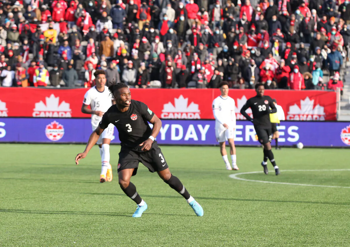 Canada’s Sam Adekugbe in action against the United States in Hamilton, Ontario, Canada, on Jan. 30, 2022. (Canada Soccer)