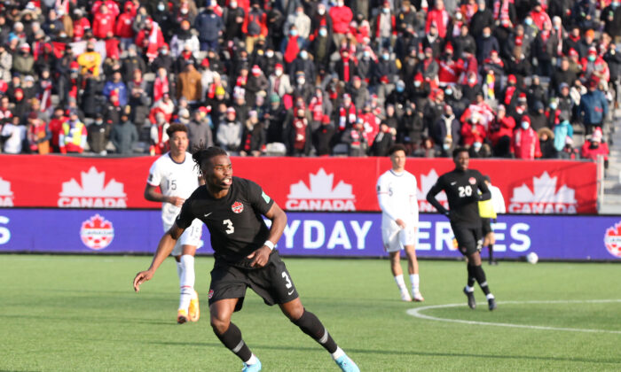 Canada’s Sam Adekugbe in action against the United States in Hamilton, Ontario, Canada, on Jan. 30, 2022. (Canada Soccer)