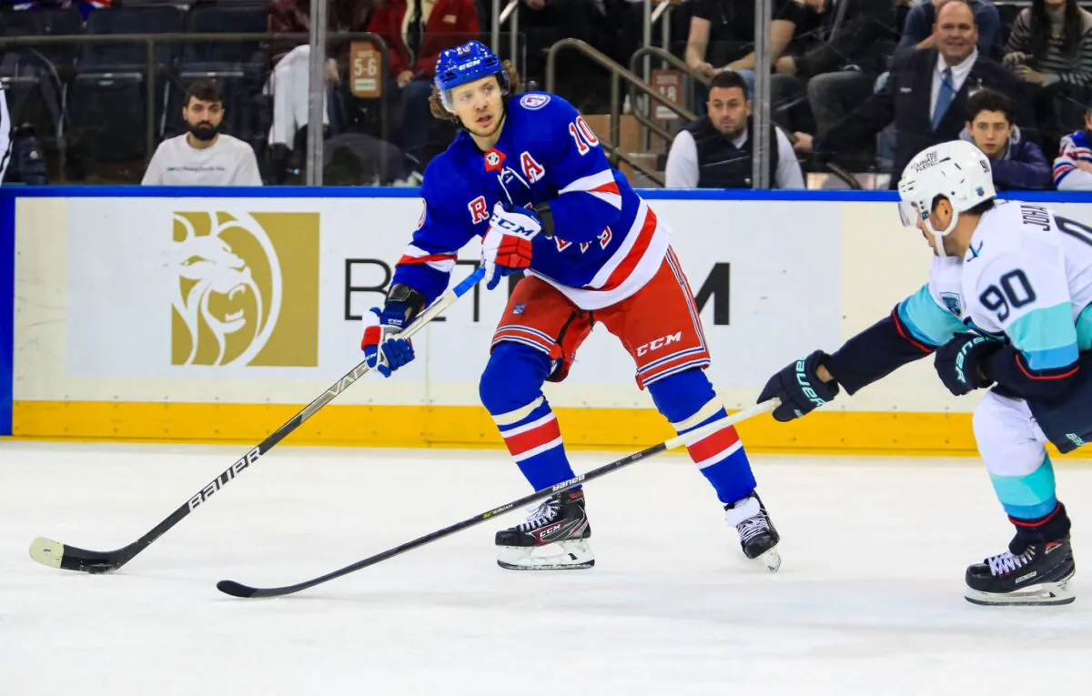 New York Rangers left wing Artemi Panarin (10) looks to pass against the Seattle Kraken during the third period at Madison Square Garden in New York on Jan. 30, 2022. (Danny Wild/USA TODAY Sports via Field Level Media)