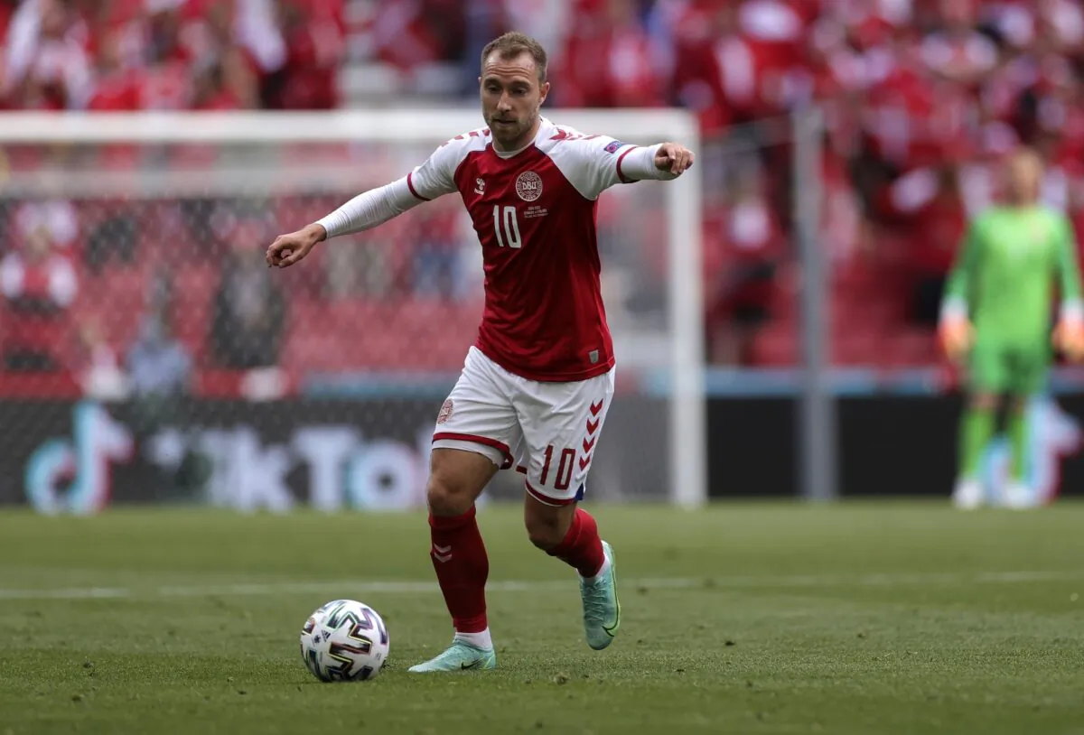 Denmark's Christian Eriksen controls the ball during the Euro 2020 soccer championship group B match between Denmark and Finland at Parken stadium in Copenhagen, Denmark, on June 12, 2021. (Wolfgang Rattay/Pool via AP)