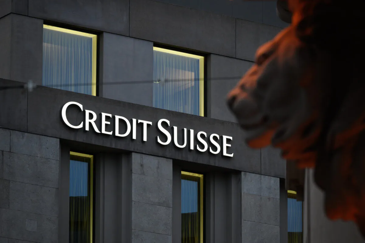 A sign of Switzerland's second largest bank Credit Suisse on a branch's building in downtown Geneva, Switzerland, on Nov. 4, 2020. (Fabrice Coffrini/AFP via Getty Images)