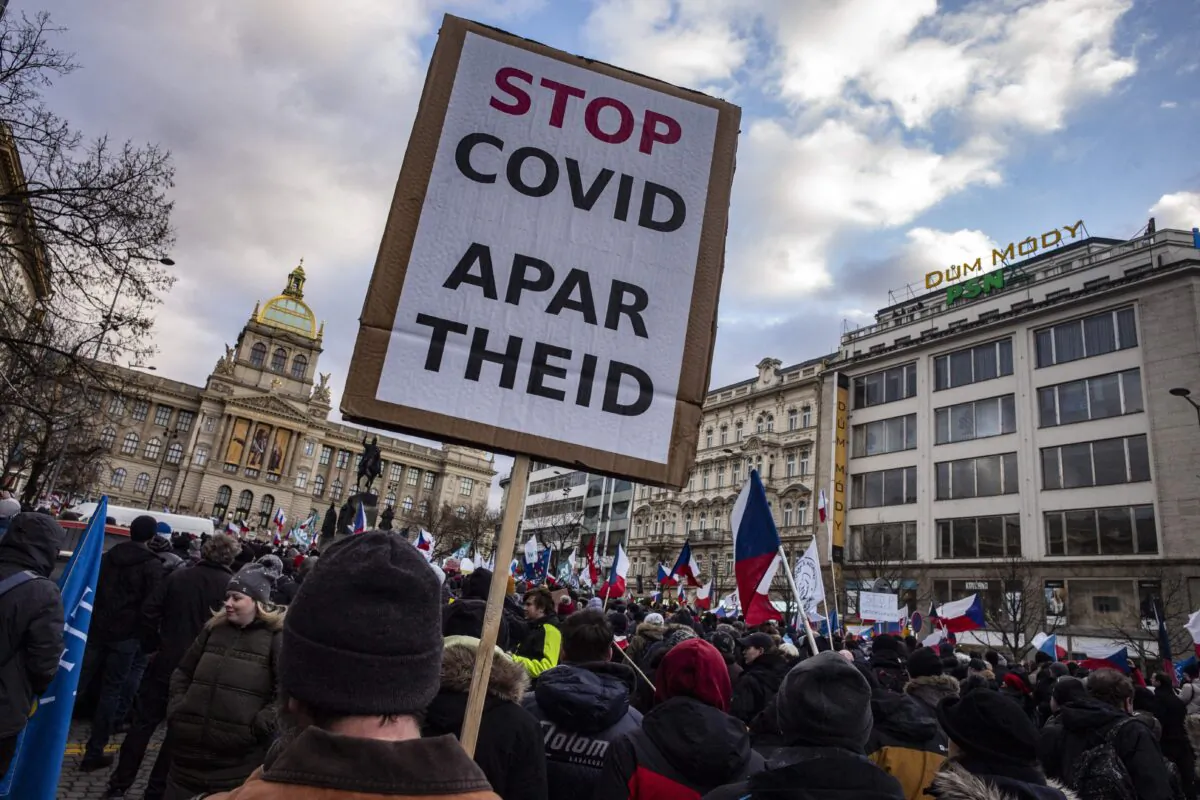 Protesters take part in a demonstration against COVID-19 restrictions in Prague on Jan. 30, 2022. (Michal Cizek/AFP via Getty Images)