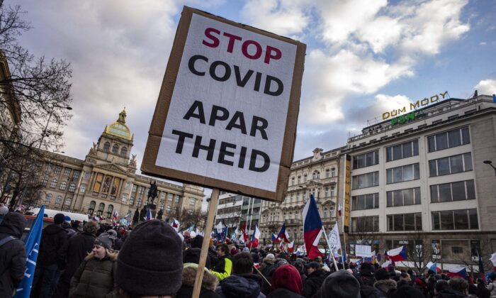 Protesters take part in a demonstration against COVID-19 restrictions in Prague on Jan. 30, 2022. (Michal Cizek/AFP via Getty Images)