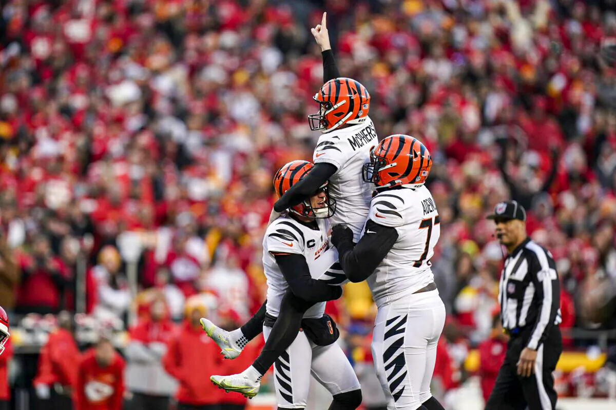 Cincinnati Bengals kicker Evan McPherson (2) celebrates with teammates after kicking a 31-yard field goal during overtime in the AFC championship NFL football game against the Kansas City Chiefs in Kansas City, Mo., on Jan. 30, 2022. (Eric Gay/AP Photo)