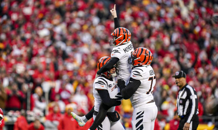 Cincinnati Bengals kicker Evan McPherson (2) celebrates with teammates after kicking a 31-yard field goal during overtime in the AFC championship NFL football game against the Kansas City Chiefs in Kansas City, Mo., on Jan. 30, 2022. (Eric Gay/AP Photo)