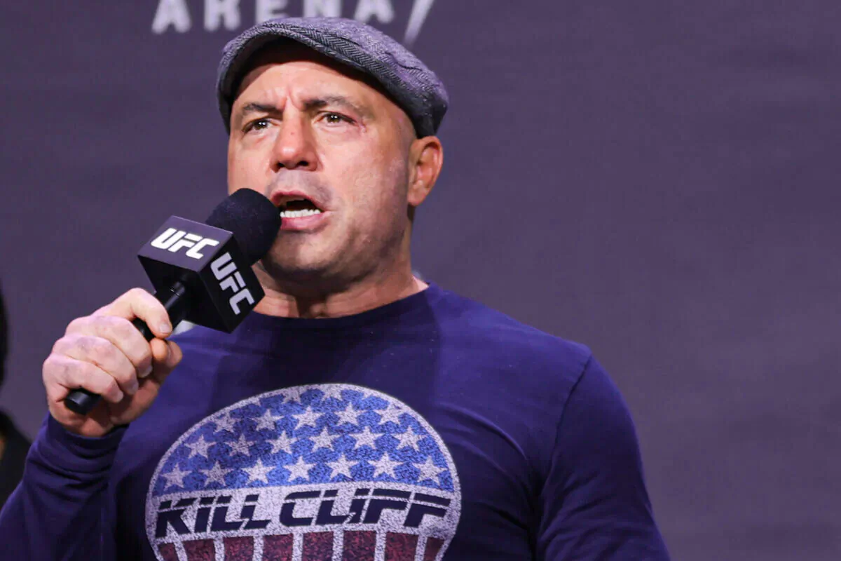 Joe Rogan introduces fighters during the UFC 269 ceremonial weigh-in at MGM Grand Garden Arena in Las Vegas, Nevada, on Dec. 10, 2021. (Carmen Mandato/Getty Images)
