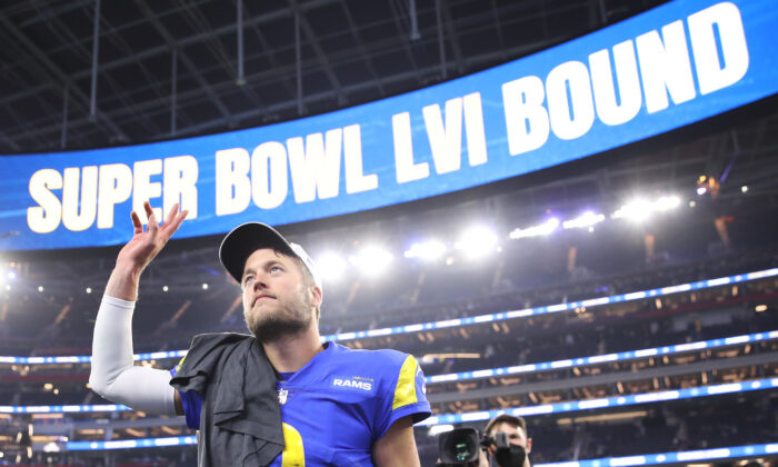 Matthew Stafford #9 of the Los Angeles Rams reacts after defeating the San Francisco 49ers in the NFC Championship Game, at SoFi Stadium in Inglewood, Calif., on Jan. 30, 2022. (Christian Petersen/Getty Images)