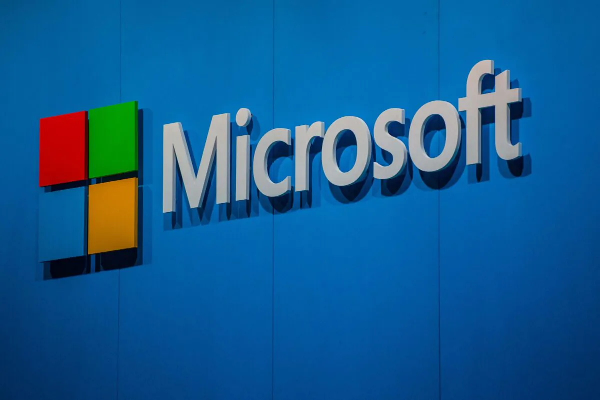A logo sits outside the Microsoft pavilion during the second day of the Mobile World Congress 2015 at the Fira Gran Via complex in Barcelona, Spain, on March 3, 2015. (David Ramos/Getty Images)