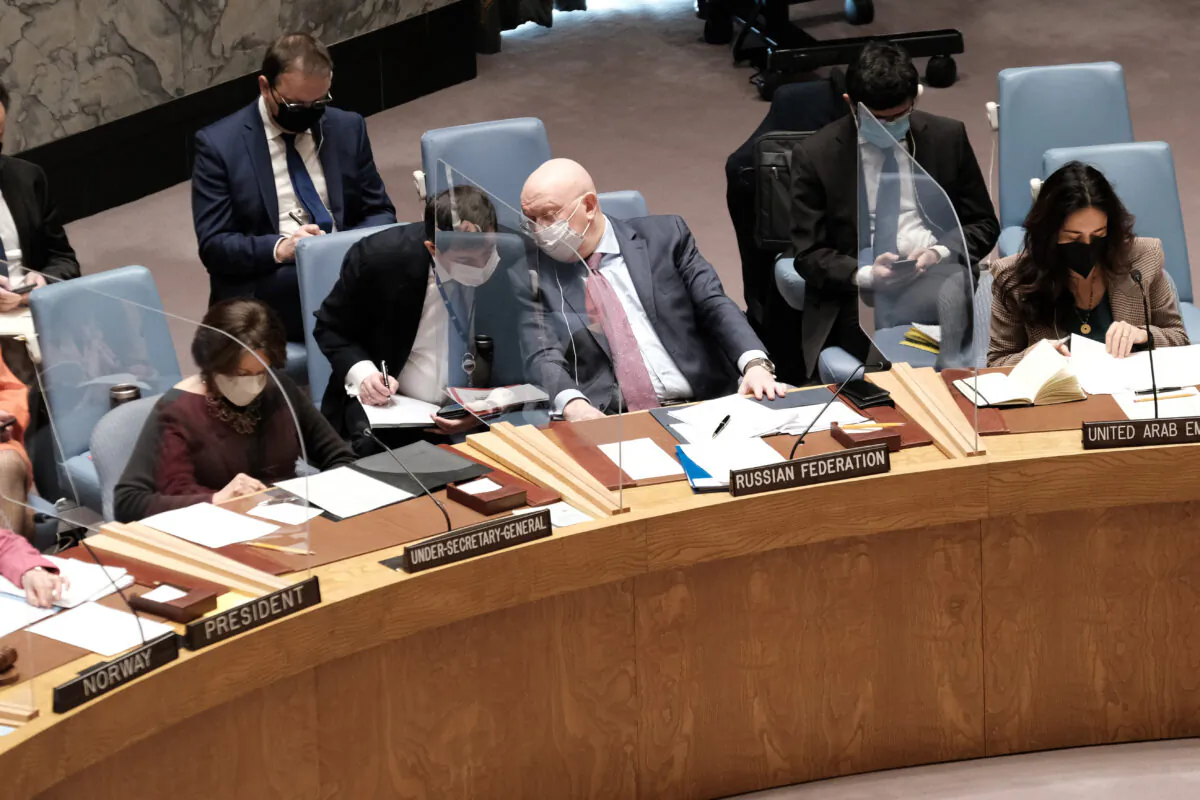Russia's Ambassador to the United Nations Vasily Nebenzya and other members of the United Nations Security Council meet to discuss the situation between Russia and Ukraine in New York City on Jan. 31, 2022. (Spencer Platt/Getty Images)