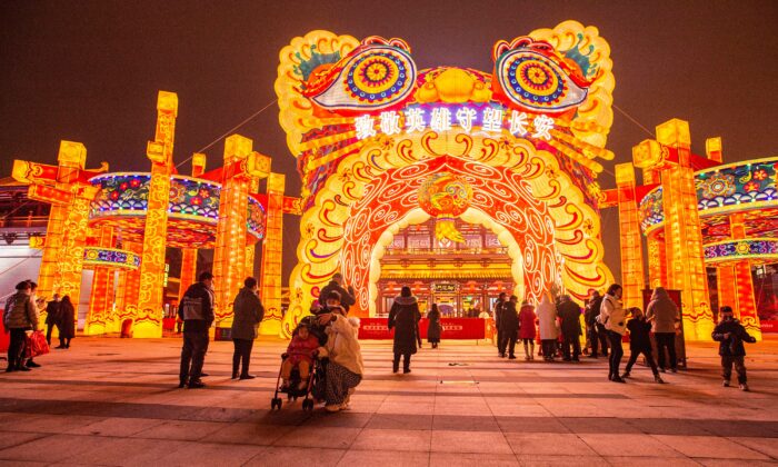 Residents visit a lantern show ahead of the Lunar New Year, which welcomes the Year of the Tiger on Feb. 1, in Xi'an, Shaanxi Province, China, on Jan. 29, 2022. (STR/AFP via Getty Images)